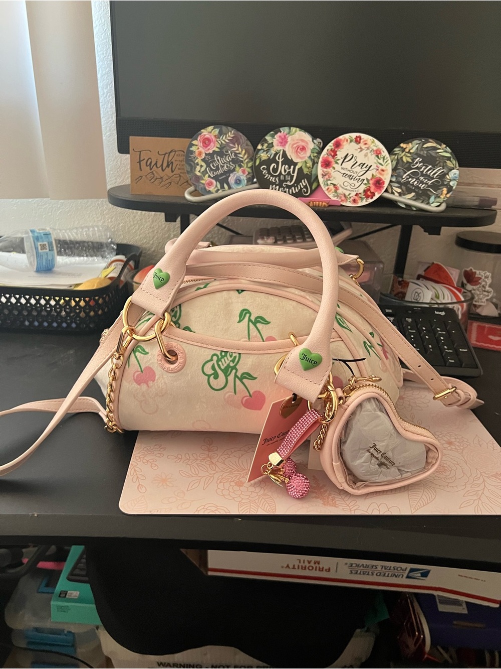 Juicy Couture Pink Cherry Print Crossbody Dome Bag with Heart Charm
